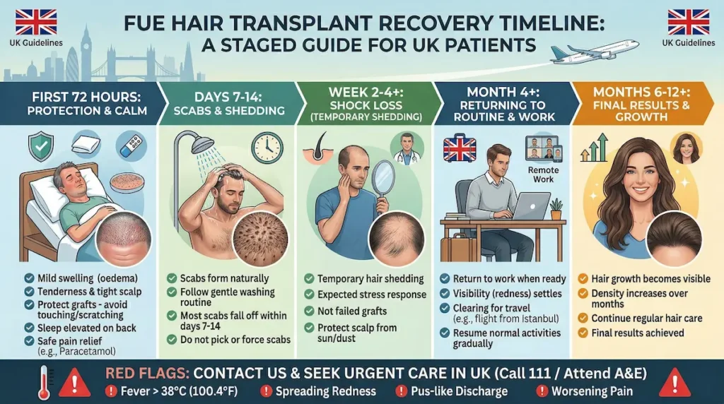 FUE Hair Transplant recovery timeline infographic for UK patients showing first 72 hours, scabs days 7–14, shock loss weeks 2–4, and growth milestones.