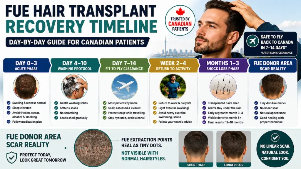 FUE hair transplant recovery timeline infographic showing day 0–3 healing, washing, fit-to-fly timing and donor-area scars.