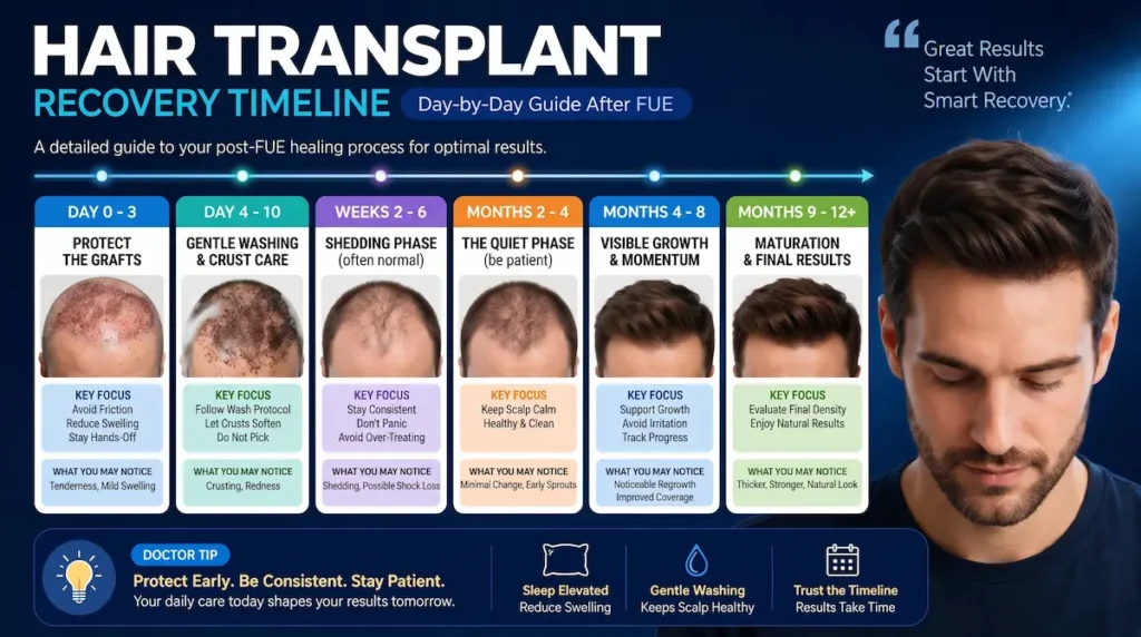 FUE hair transplant recovery timeline day by day infographic showing days 0–3 graft protection, washing days 4–10, shedding weeks 2–6, and regrowth months 2–12+.