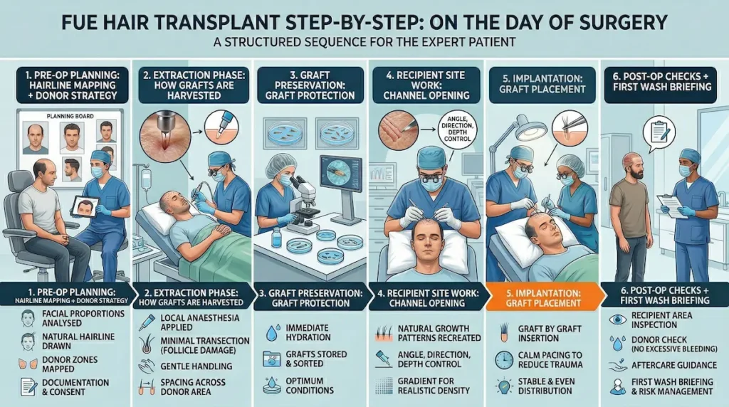 FUE Hair Transplant step-by-step infographic showing pre-op planning, extraction, graft preservation, recipient site creation, implantation, and post-op checks.