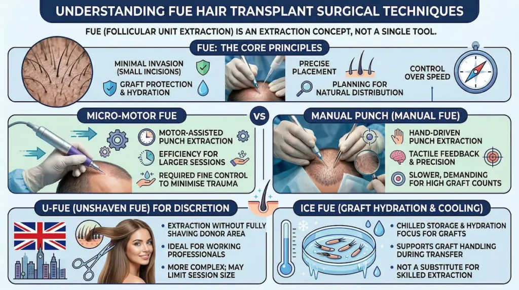 FUE Hair Transplant surgical techniques infographic comparing micro-motor FUE vs manual punch, plus U-FUE (unshaven) and Ice FUE graft hydration.