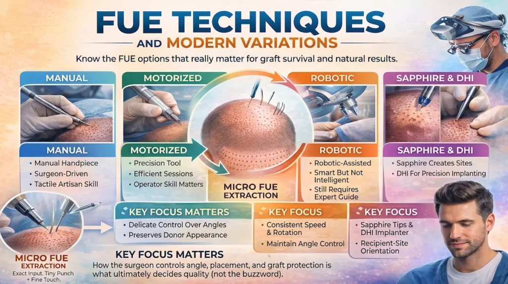 FUE hair transplant techniques infographic comparing manual, motorized, robotic-assisted FUE, and DHI/sapphire implantation options.