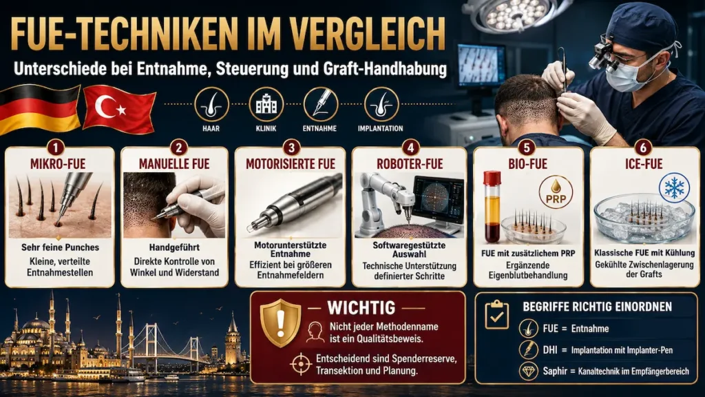 FUE-Techniken im Vergleich: Mikro-FUE, manuelle, motorisierte, Roboter-, Bio- und Ice-FUE bei der Haartransplantation.
