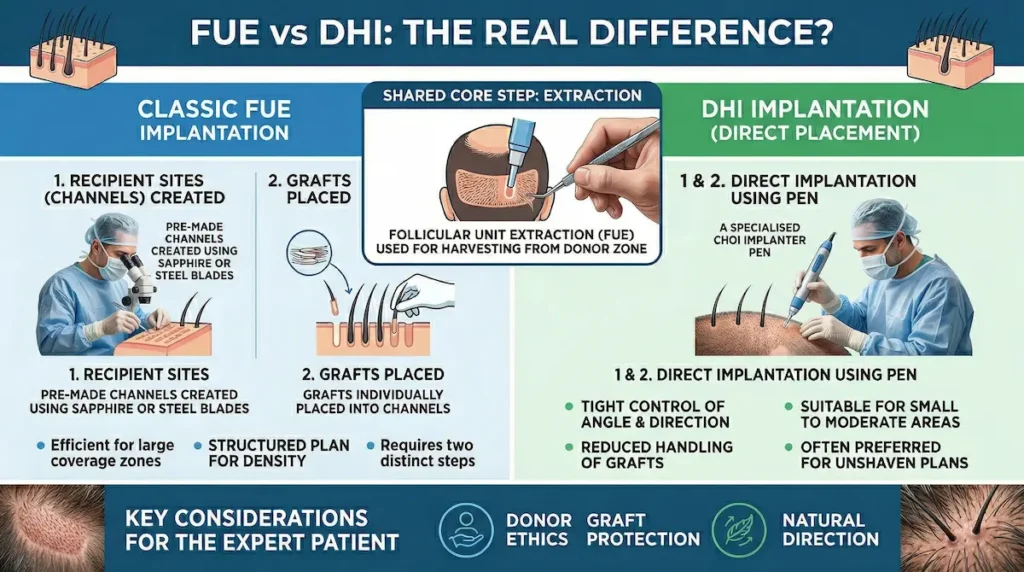 FUE Hair Transplant vs DHI infographic comparing classic FUE channel creation and graft placement with DHI implanter pen direct implantation.