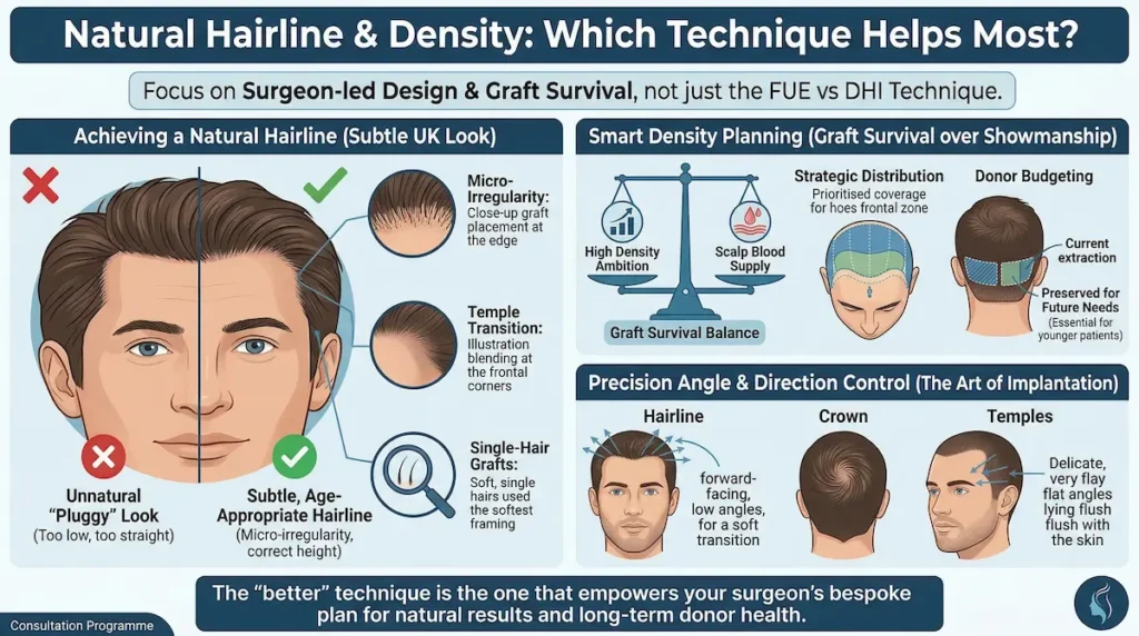 DHI vs FUE Hair Transplant infographic on natural hairline design, graft survival, density planning, and angles.