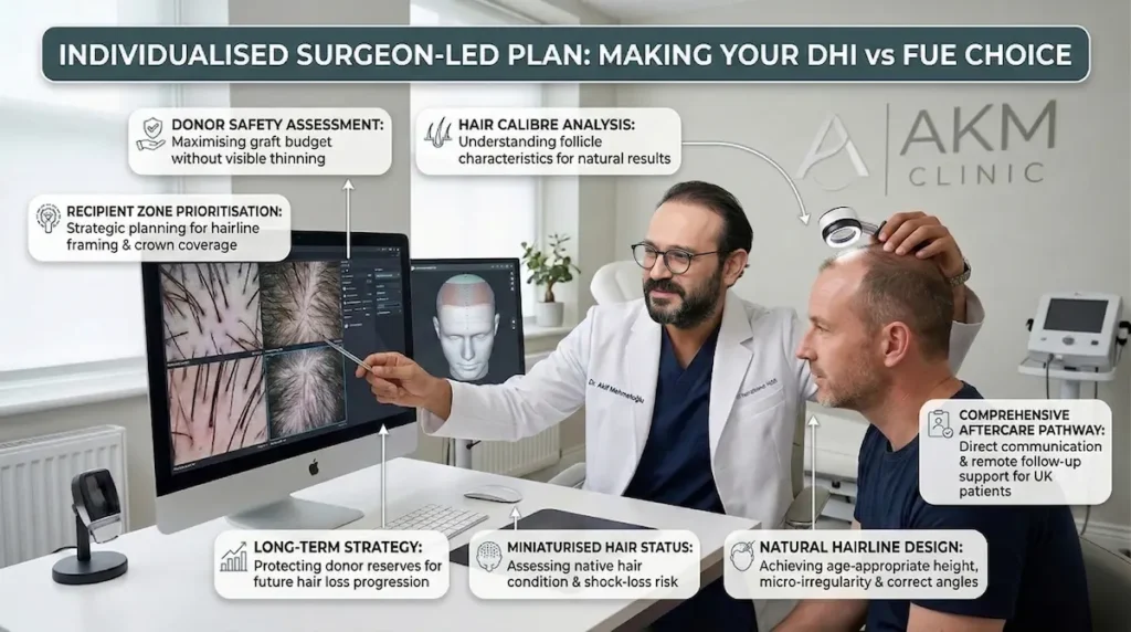 DHI vs FUE Hair Transplant consultation visual showing surgeon-led planning, donor safety, hair calibre and aftercare.