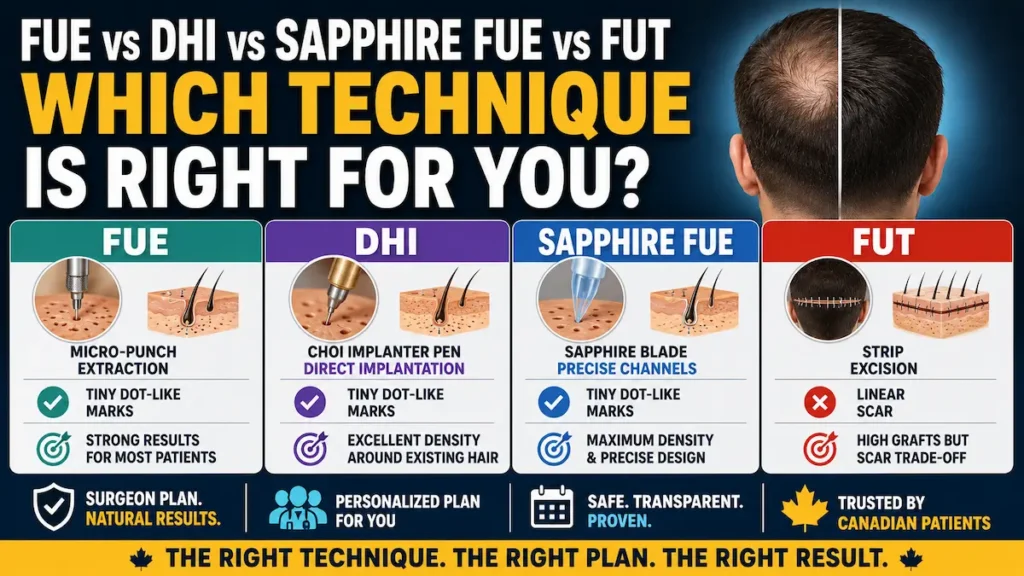 FUE vs DHI vs Sapphire FUE vs FUT comparison infographic showing micro-punch extraction, Choi pen, sapphire channels and FUT strip excision.