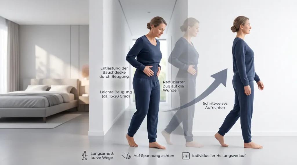 Bauchdeckenstraffung Heilung Tipps: Patientin richtet sich nach der OP schrittweise aus leicht gebeugter Haltung auf.
