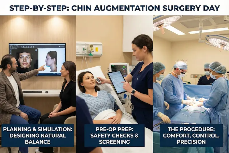 Chin Augmentation step-by-step image showing planning, pre-op safety screening, and the surgical procedure in the OR.