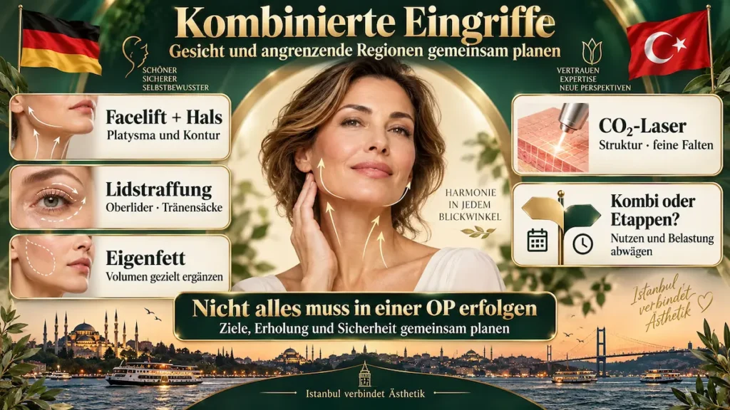 Gesichtsstraffung Türkei: kombinierte Eingriffe mit Halsstraffung, Lidstraffung, Eigenfett und CO₂-Laser im Überblick