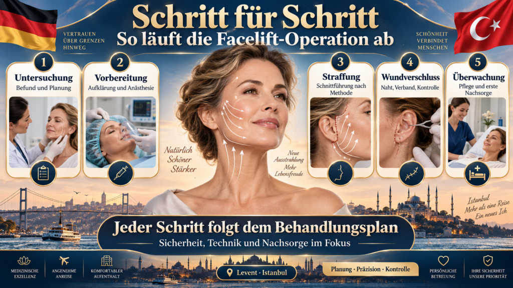 Gesichtsstraffung Türkei: Ablauf der Facelift-Operation von Untersuchung und Vorbereitung bis Straffung, Wundverschluss und Überwachung