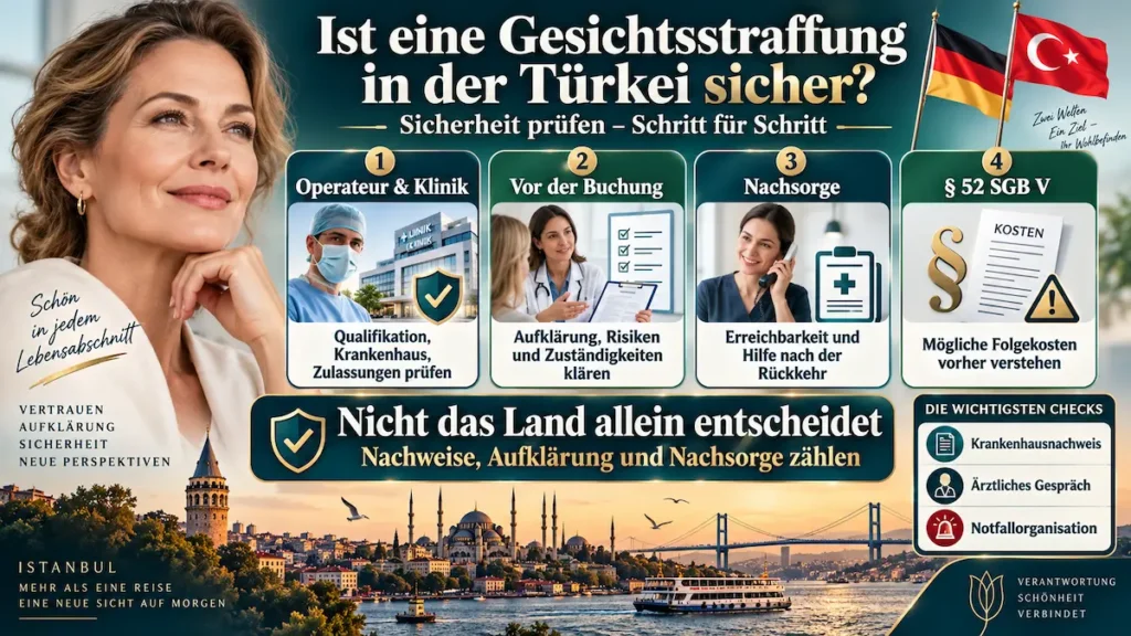 SMAS-Facelift in der Türkei: Infografik zu Arztwahl, Klinikprüfung, Aufklärung, Nachsorge und möglichen Folgekosten.