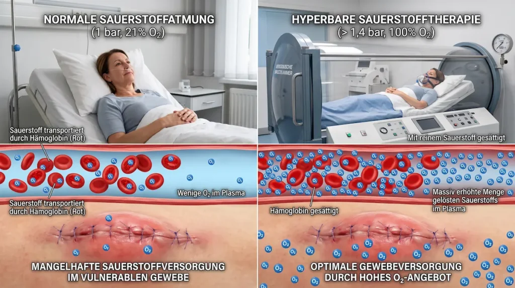 Hyperbare Sauerstofftherapie Vorteile im Vergleich: Mehr gelöster Sauerstoff im Blutplasma unterstützt die Gewebeoxygenierung.
