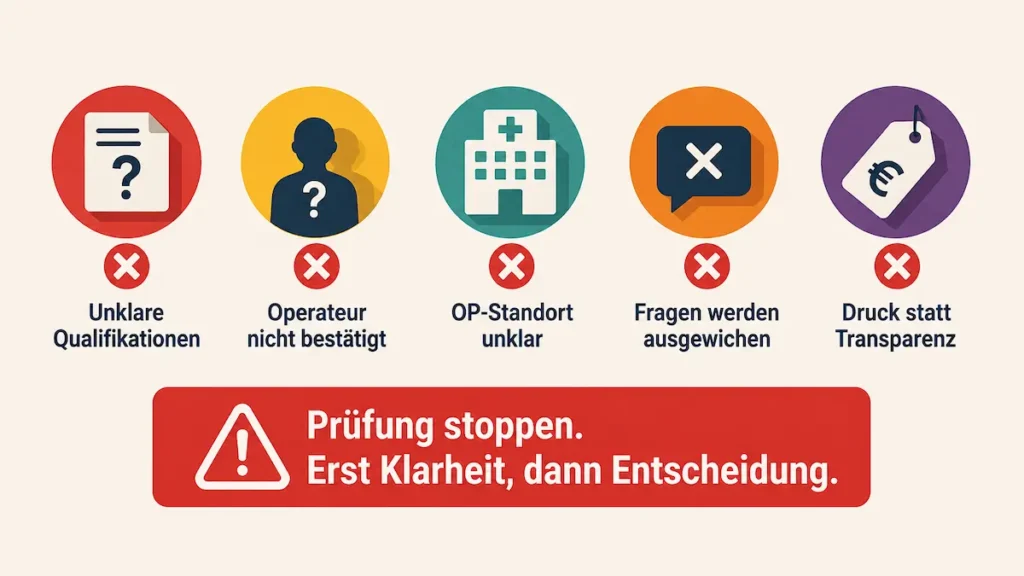 Arzt Qualifikation Türkei prüfen: Red Flags wie unklare Qualifikationen, fehlender Operateur und unklarer OP-Standort.