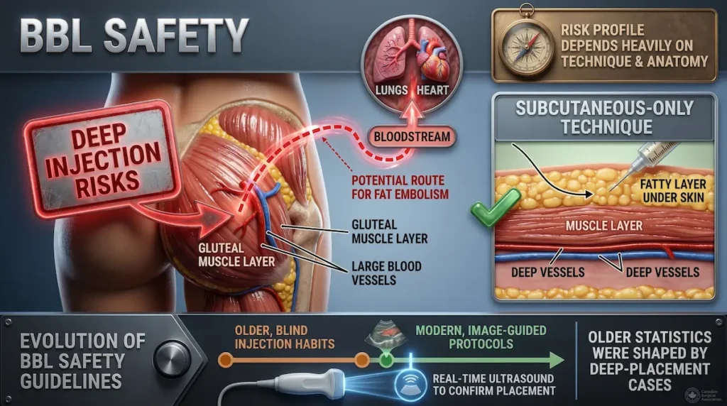 Medical diagram asking is BBL safe, showing deep injection risks and subcutaneous only technique for safer fat transfer.