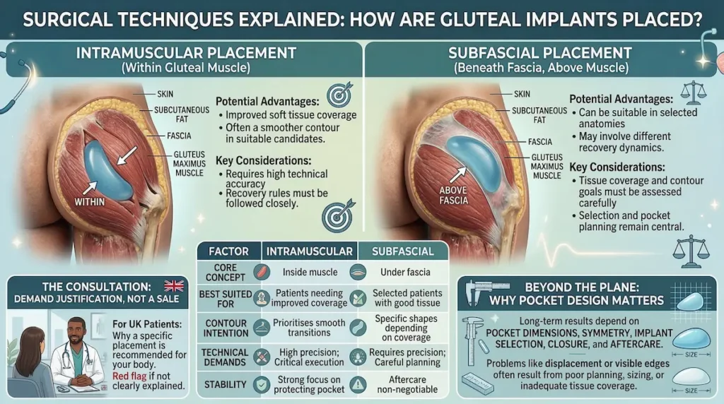 Butt Implants surgical techniques infographic comparing intramuscular vs subfascial gluteal implant placement and pocket design factors