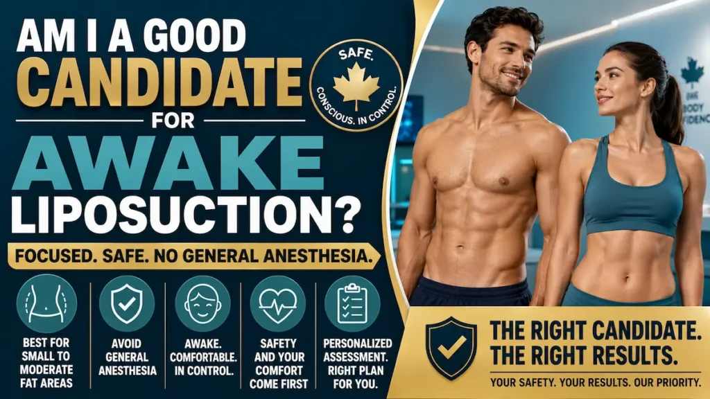 Awake Liposuction candidate infographic showing ideal patients with small to moderate fat areas, local anesthesia, comfort, and safety assessment.