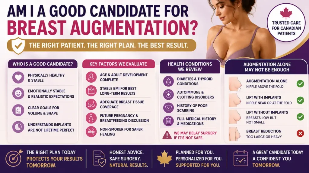 Good candidate for breast augmentation infographic for Canadian patients showing health, BMI, breast tissue, breastfeeding plans, smoking status, and lift or reduction decision factors.