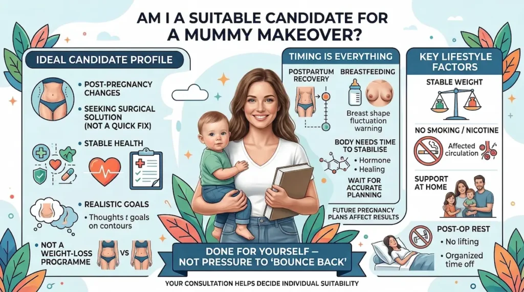 Mummy Makeover candidate infographic showing ideal profile, timing after breastfeeding, stable weight, no nicotine, and recovery support.