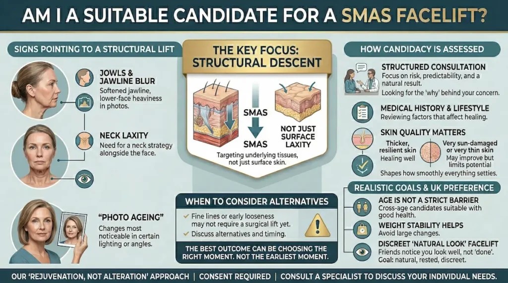 SMAS Facelift candidacy infographic showing signs like jowls, neck laxity, and how suitability is assessed