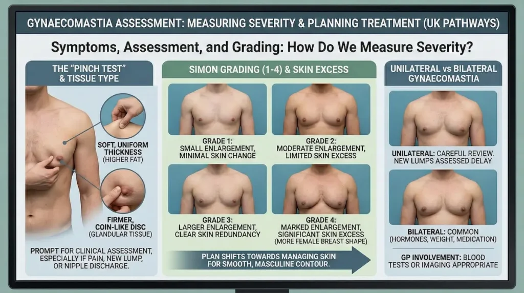 Grades of gynaecomastia infographic showing the pinch test, Simon grading 1–4 with skin excess, and unilateral vs bilateral patterns.