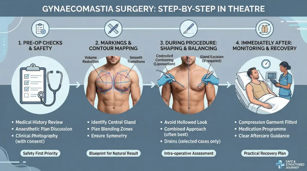 Gynaecomastia surgery step-by-step infographic showing pre-op checks, contour mapping, shaping (lipo and gland excision), and post-op monitoring.