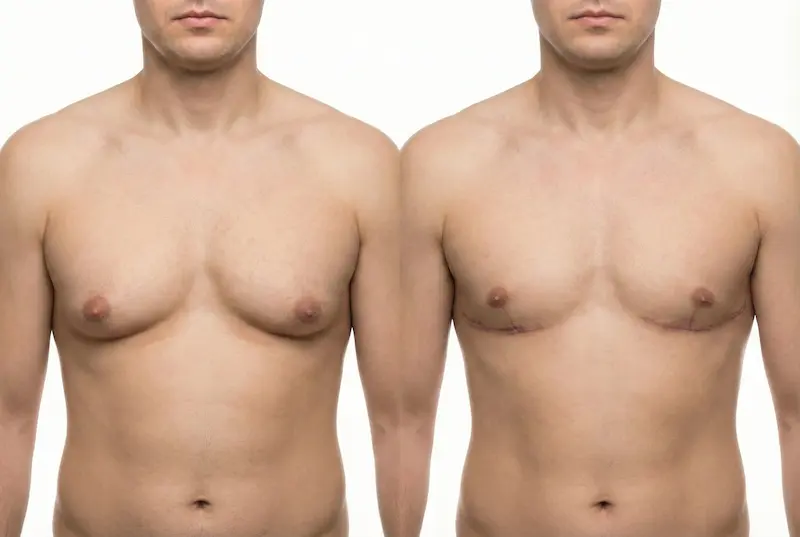 Before and after Gynaecomastia Surgery showing reduced chest projection and a flatter, more masculine chest contour.