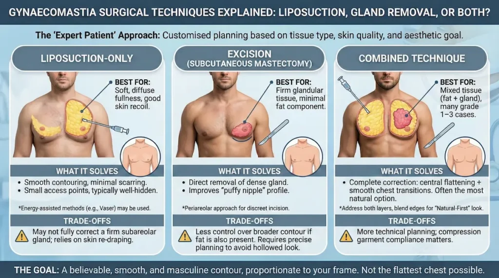 Infographic explaining gynaecomastia surgical techniques—liposuction-only, gland removal (excision), and combined treatment—to restore a flatter male chest contour.