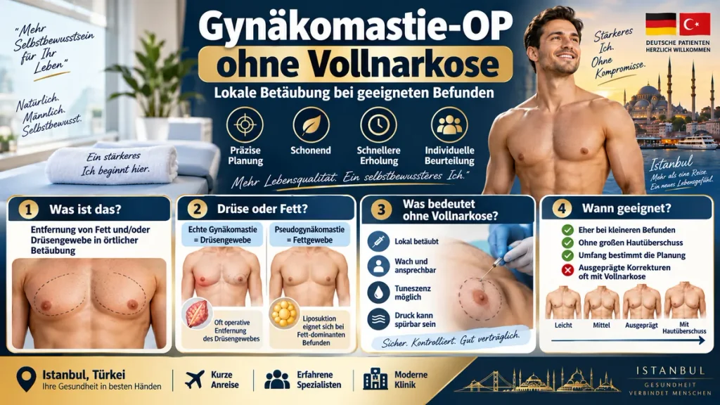 Gynäkomastie-OP ohne Vollnarkose als Infografik mit Drüsengewebe, Fettgewebe, Lokalanästhesie und Eignung.