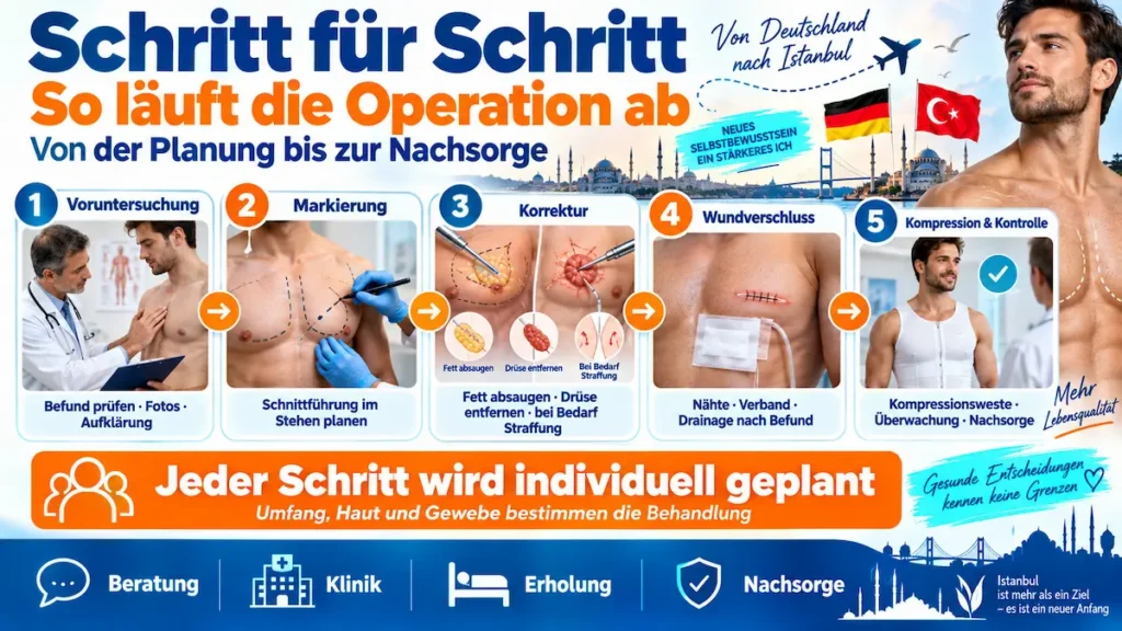Infografik zur Gynäkomastie-OP: Voruntersuchung, Markierung, Gewebekorrektur, Wundverschluss, Kompression und Kontrolle.