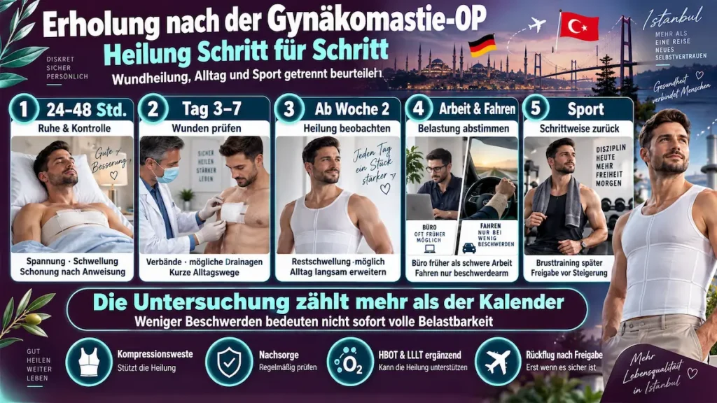 Infografik zur Erholung nach der Gynäkomastie-OP: Wundkontrolle, Kompressionsweste und Rückkehr zu Alltag und Sport.