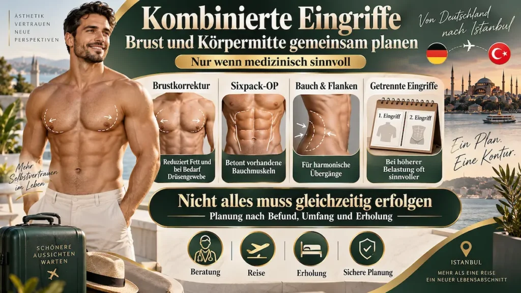 Infografik zur Gynäkomastie-OP mit Sixpack-OP und Fettabsaugung an Bauch und Flanken, kombiniert oder in Etappen.