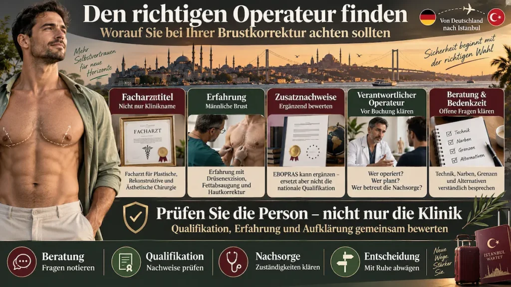 Infografik zur Operateurwahl bei der Gynäkomastie-OP: Facharzttitel, Erfahrung, Zusatznachweise und Beratung.