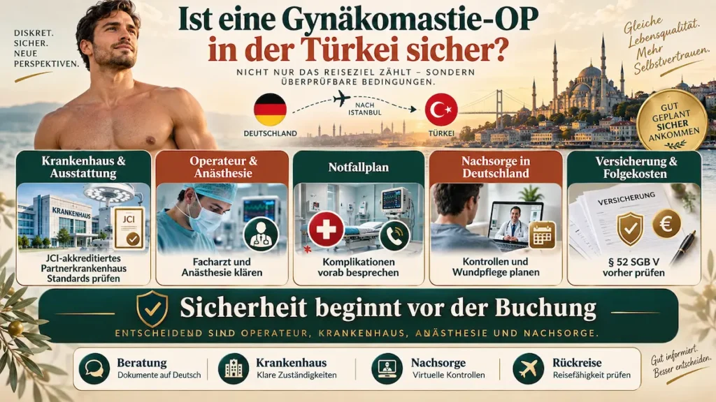 Infografik zur Gynäkomastie-OP in der Türkei: Krankenhaus, Operateur, Anästhesie, Notfallplan, Nachsorge und Versicherung.