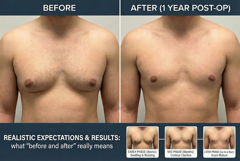 Gynecomastia Surgery before and after photo showing chest contour improvement at 1 year post-op male breast reduction.