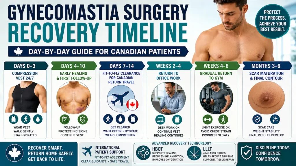 Gynecomastia surgery recovery timeline infographic showing compression vest use, fit-to-fly clearance, gym return, and scar maturation