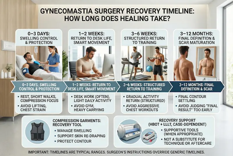 Gynecomastia Surgery recovery timeline infographic showing healing stages, activity return, compression garment use, and scar maturation.