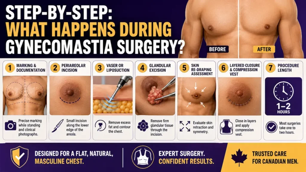 Gynecomastia surgery step by step infographic showing marking, periareolar incision, VASER liposuction, glandular excision, and compression vest