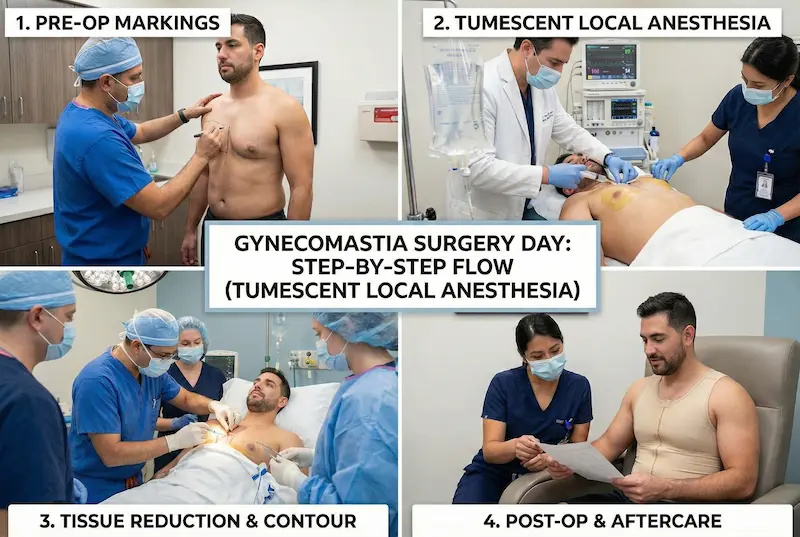 Gynecomastia Surgery step-by-step collage showing pre-op markings, tumescent anesthesia, tissue reduction, and aftercare.