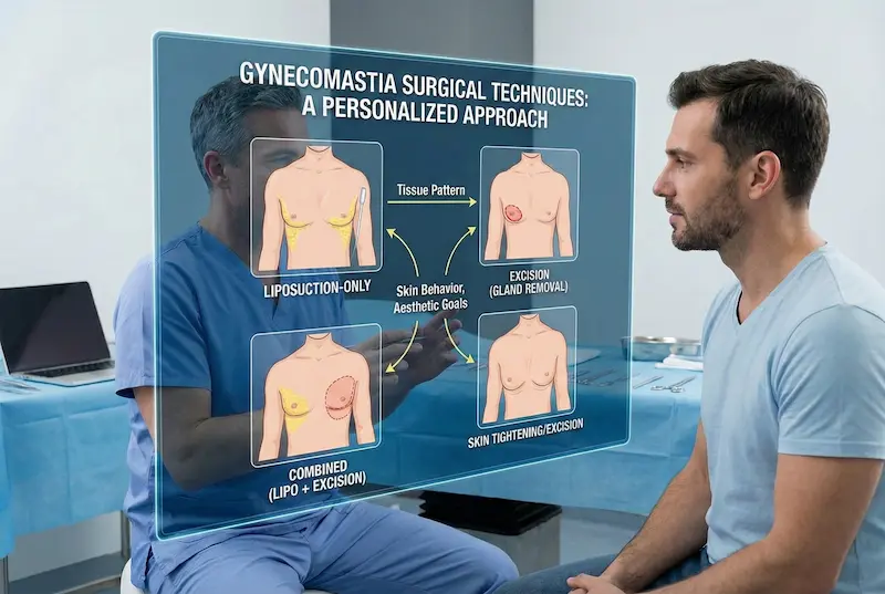 Gynecomastia Surgery techniques diagram showing liposuction, gland excision, and skin tightening options during consultation.