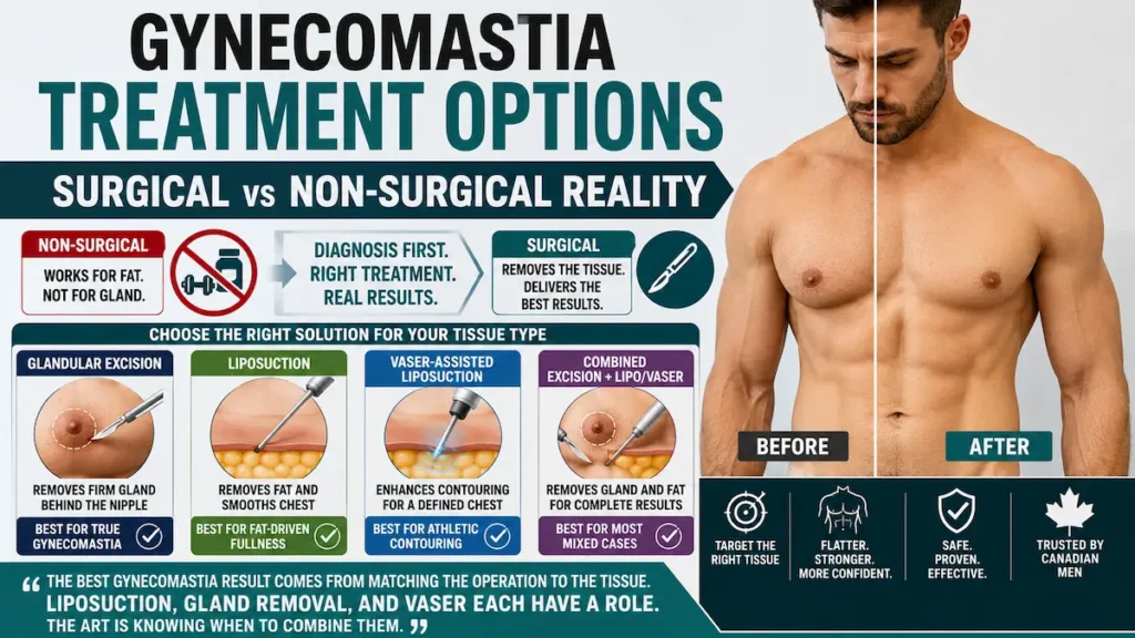 Gynecomastia treatment options infographic comparing glandular excision, liposuction, VASER, and combined surgery