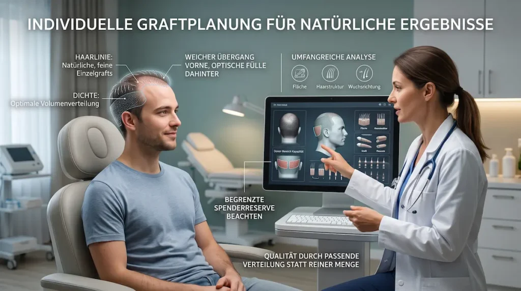 Natürliche Haarlinie mit geplanter Graftverteilung, Haardichte, Spenderreserve und ärztlicher Analyse im Beratungsgespräch.