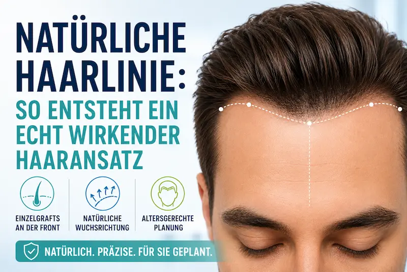 Natürliche Haarlinie mit Einzelgrafts, natürlicher Wuchsrichtung und altersgerechter Planung am männlichen Haaransatz.