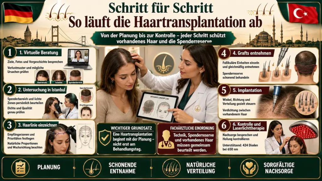 Haartransplantation für Frauen: Infografik zum Ablauf von Beratung, Untersuchung, Graft-Entnahme, Implantation und Nachsorge.