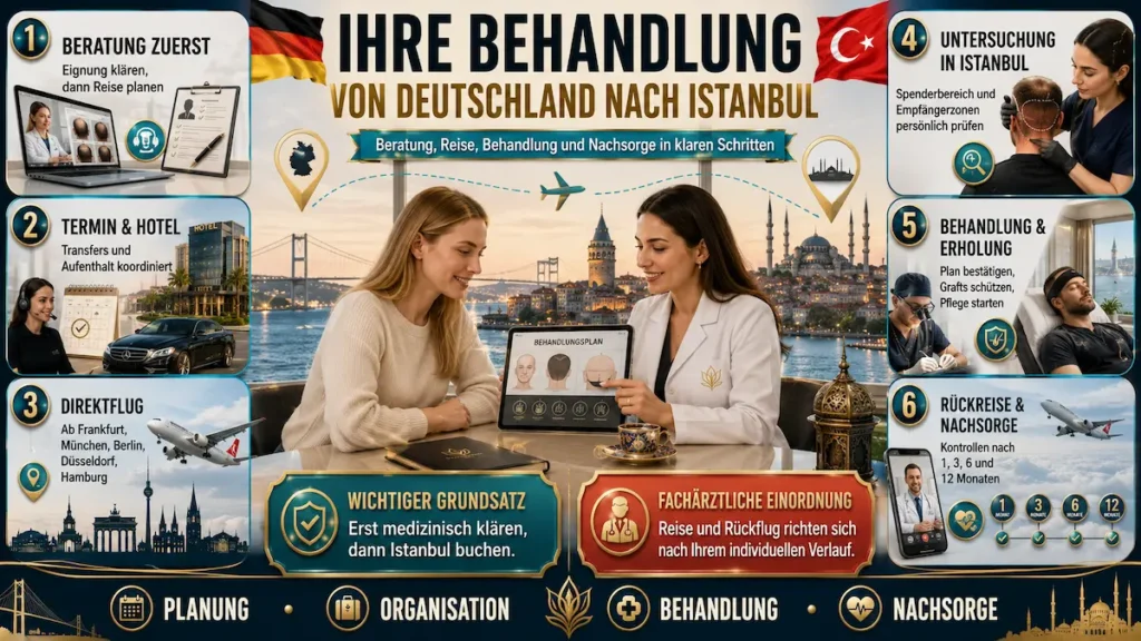 Haartransplantation für Frauen: Infografik zur Reise von Deutschland nach Istanbul mit Beratung, Behandlung und Nachsorge.