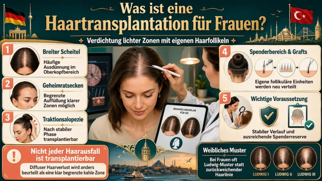 Haartransplantation für Frauen: Infografik zu breitem Scheitel, Geheimratsecken, Traktionsalopezie und Spenderbereich.