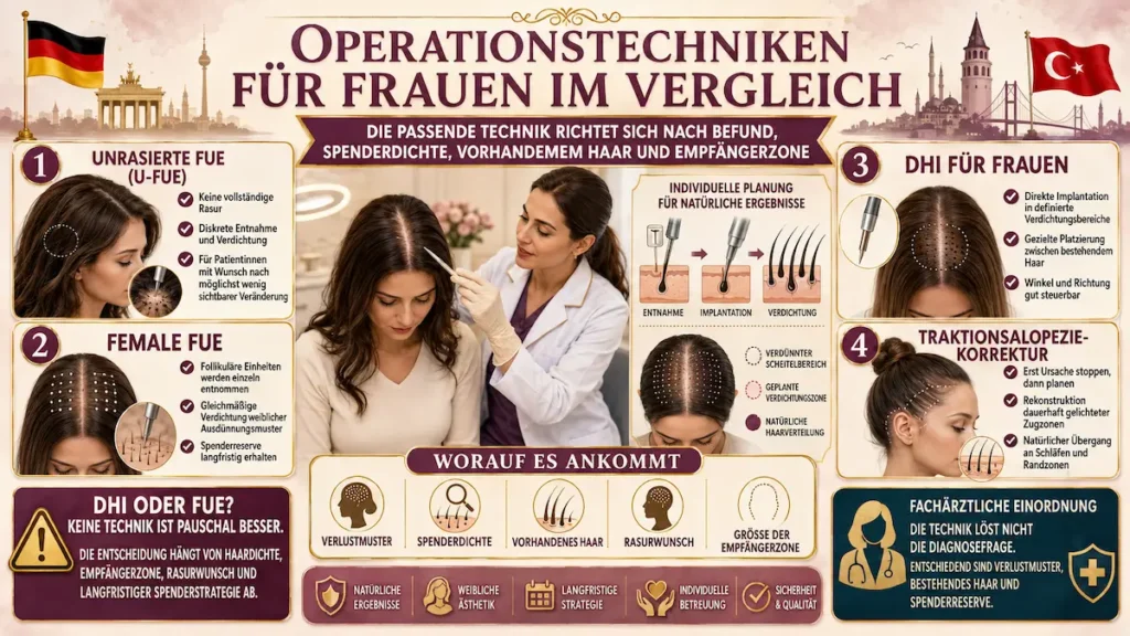 Haartransplantation für Frauen: Vergleich von U-FUE, Female FUE, DHI und Traktionsalopezie-Korrektur.