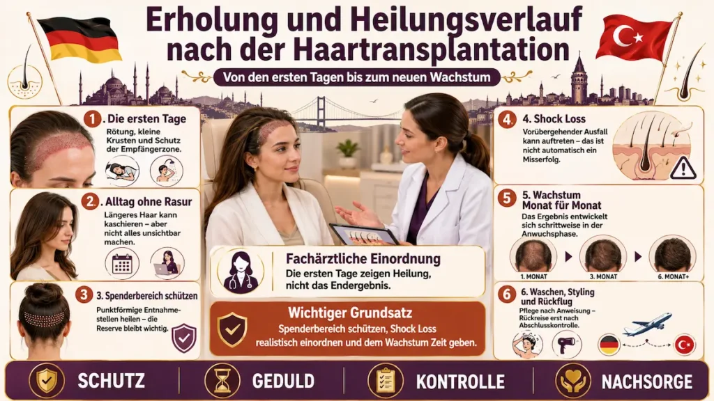 Haartransplantation für Frauen: Infografik zu Heilung, Shock Loss, Spenderbereich, Haarwachstum und Rückflug.