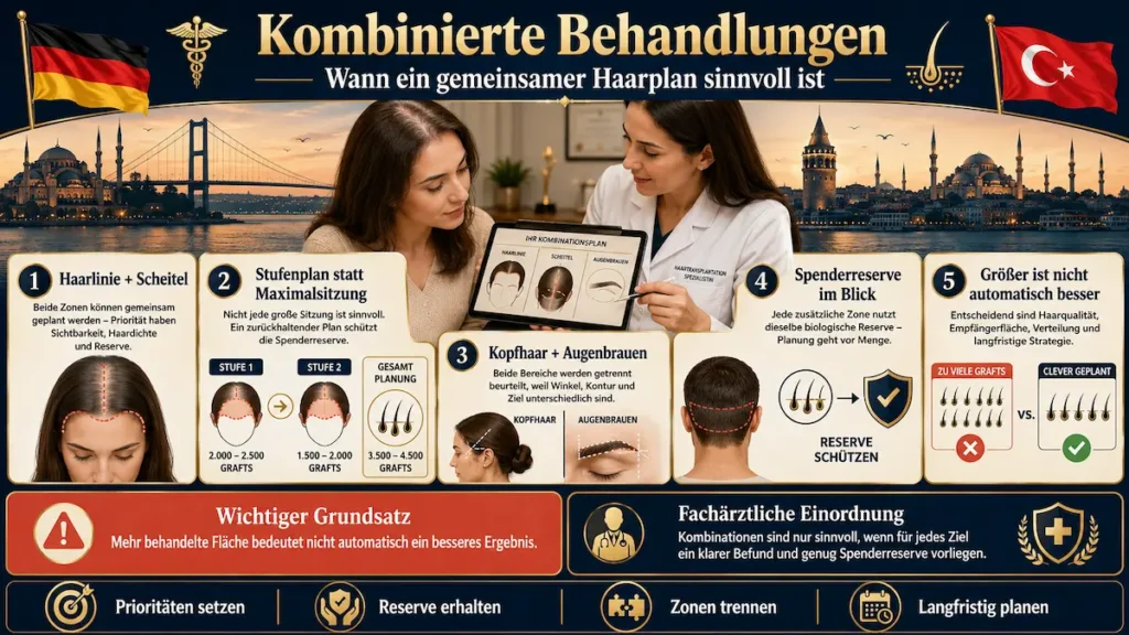 Haartransplantation für Frauen: Infografik zu Haarlinie, Scheitel, Augenbrauen, Spenderreserve und Stufenplanung.