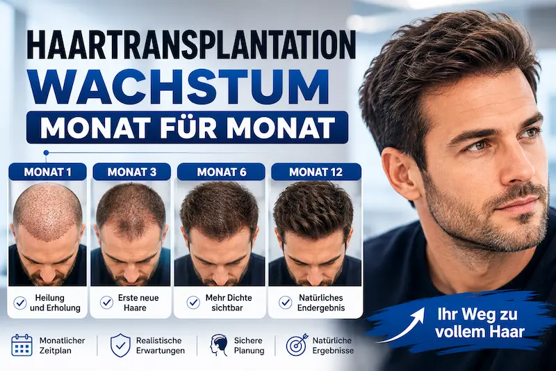 Haartransplantation Wachstum Zeitplan mit den Entwicklungsphasen in Monat 1, 3, 6 und 12 bis zum reiferen Haarbild